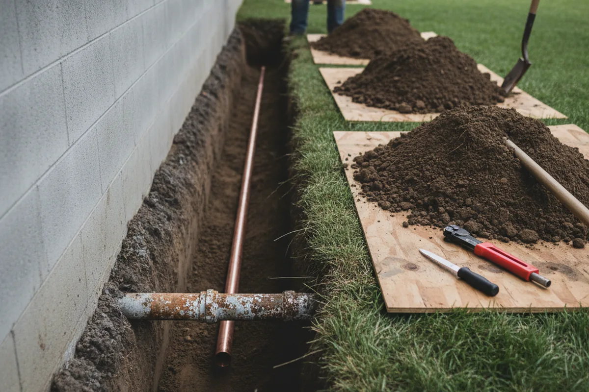 Excavated water line trench during Water Softener Installation in Hearne
